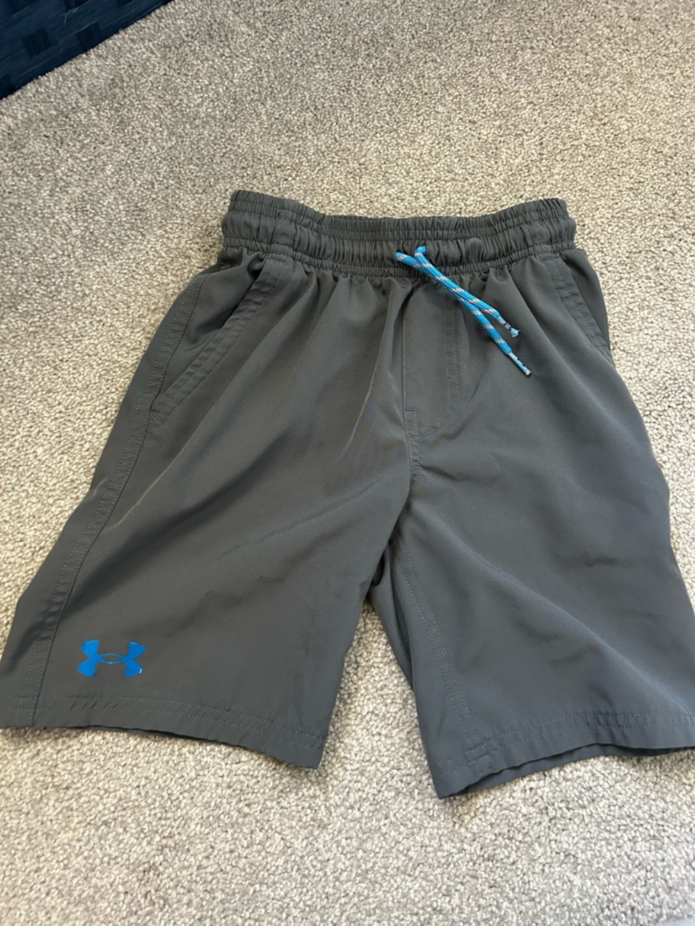Under Armour Men's Dark Gray Athletic Shorts with Blue Drawcord